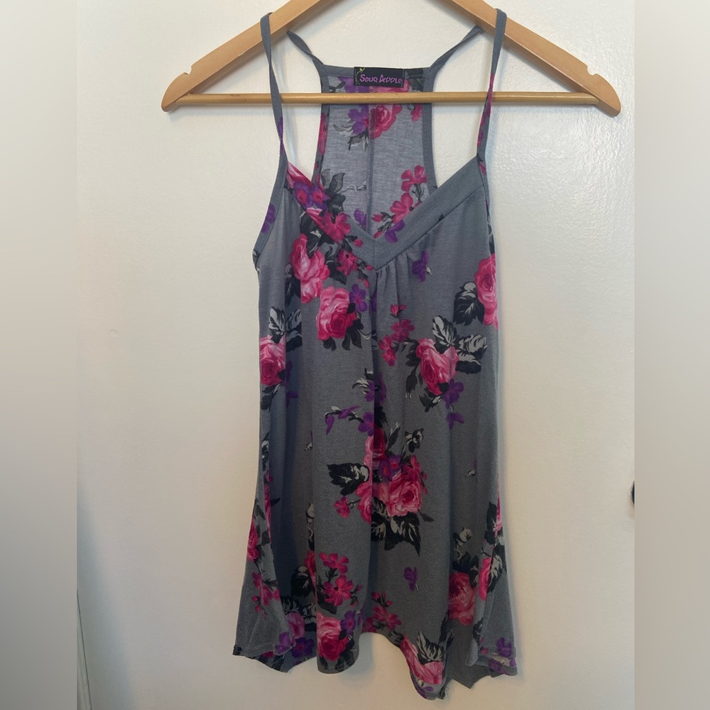 Gray & Pink Floral Small Tank Top